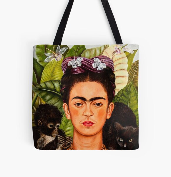 Póster de arte de la exposición de Frida Kahlo - Autorretrato con collar de espinas y colibrí 1988 Bolsa estampada de tela