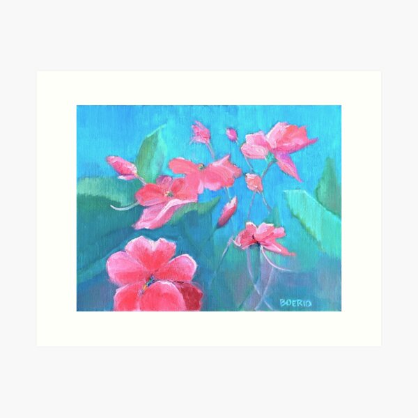Painting of pink impatiens flowers on blue background Art Print