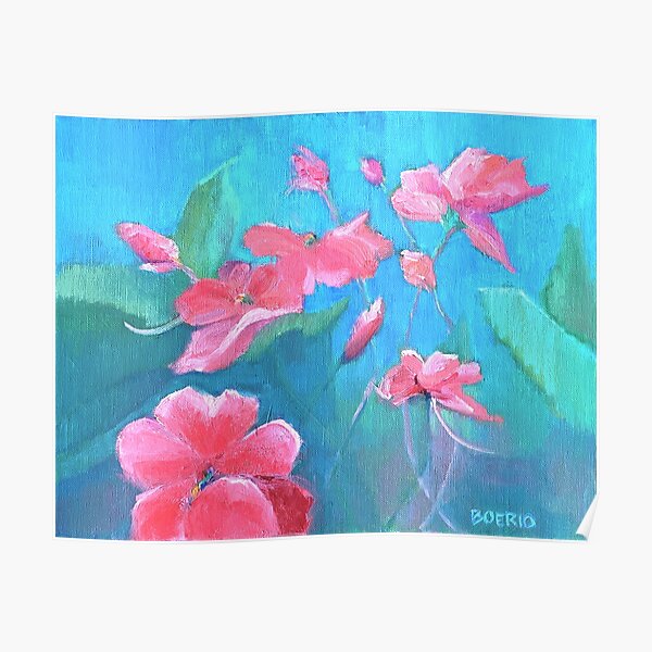 Painting of pink impatiens flowers on blue background Poster