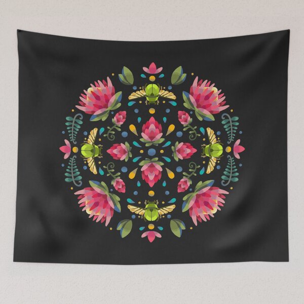 Item preview, Dark Protea Flower Circle Pattern with Green Beetle designed and sold by maak-and-illy.