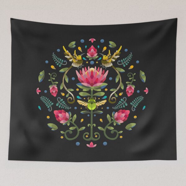 Item preview, Dark Protea Circular Design with Cape Sugarbird and Green Beetle designed and sold by maak-and-illy.