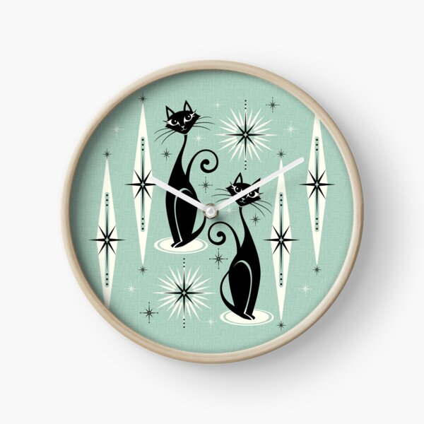Mid Century Meow Retro Atomic Cats on Vintage Mint ©studioxtine Clock