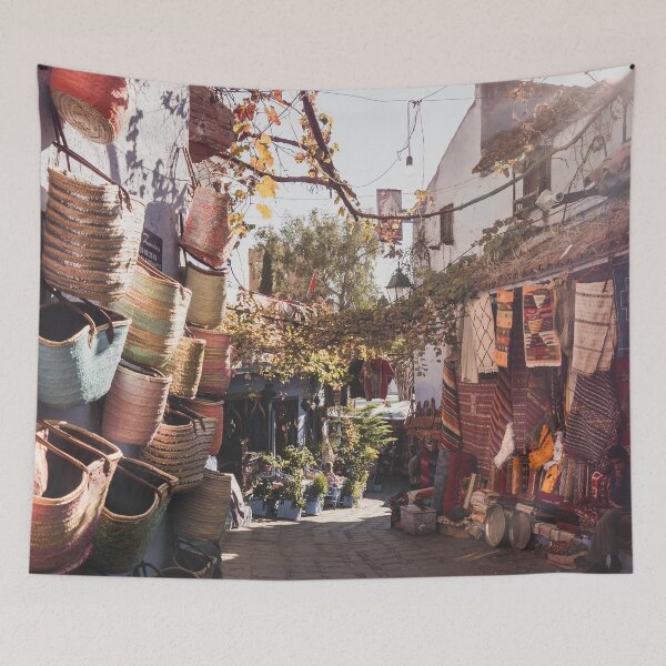 Item preview, fall sunlit market street in Chefchaouen, Morocco designed and sold by Rebecca Li.