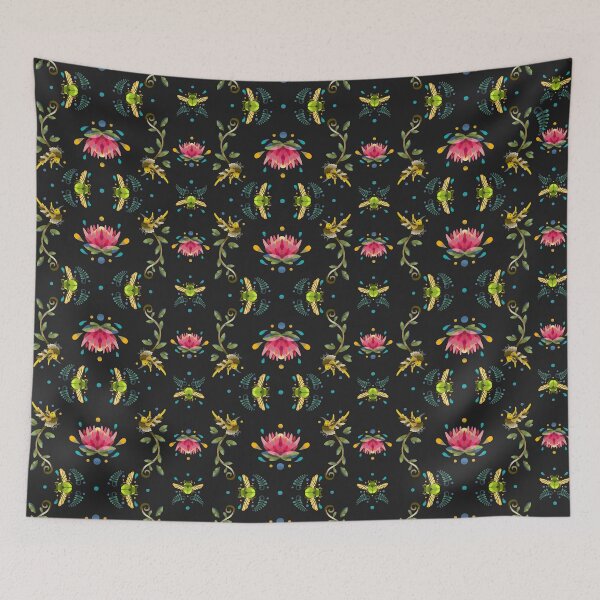 Item preview, Dark and Uniform Protea, Cape Sugarbird and Green Beetle Pattern designed and sold by maak-and-illy.