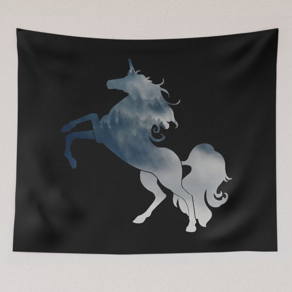 Item preview, Wanderlust Unicorn Silhouette with Forest Landscape, Trees, Mist and fog | black background designed and sold by Kinisis.