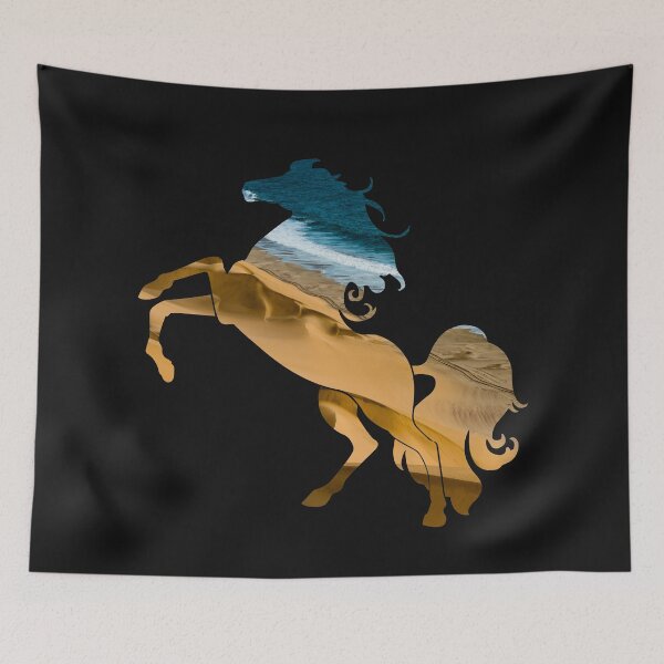 Item preview, Wanderlust horse Silhouette with Desert Landscape, sand, water | black background designed and sold by Kinisis.