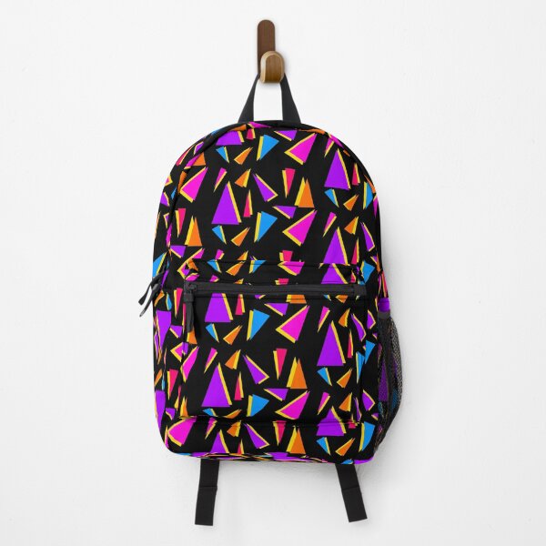 80s colourful geometric triangles pattern black background Backpack