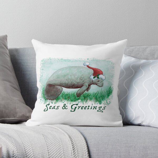 "Seas and Greetings" ft. "The Manatee" by Amber Marine, watercolor art, © 2015 Throw Pillow