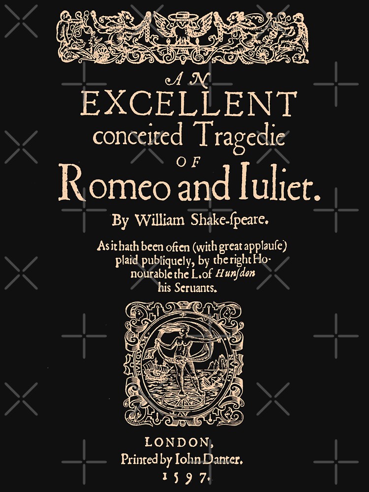 Imagen 3 de 3, Camiseta entallada de cuello en V con la obra Shakespeare, Romeo y Julieta. Versión oscura de la ropa, diseñada y vendida por bibliotee.