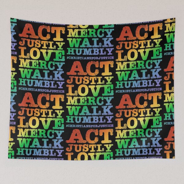 Item preview, Christians for Justice: Act Justly, Love Mercy, Walk Humbly (distressed rainbow text) designed and sold by Ofeefee.