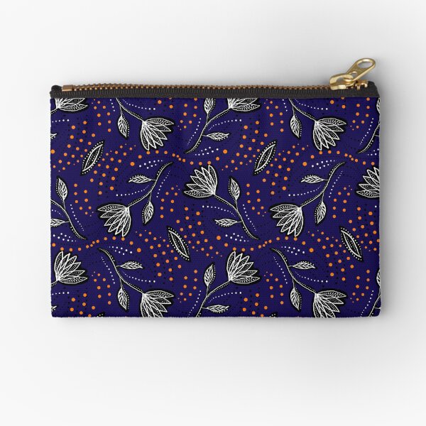 Navy and orange Linocut florals Zipper Pouch