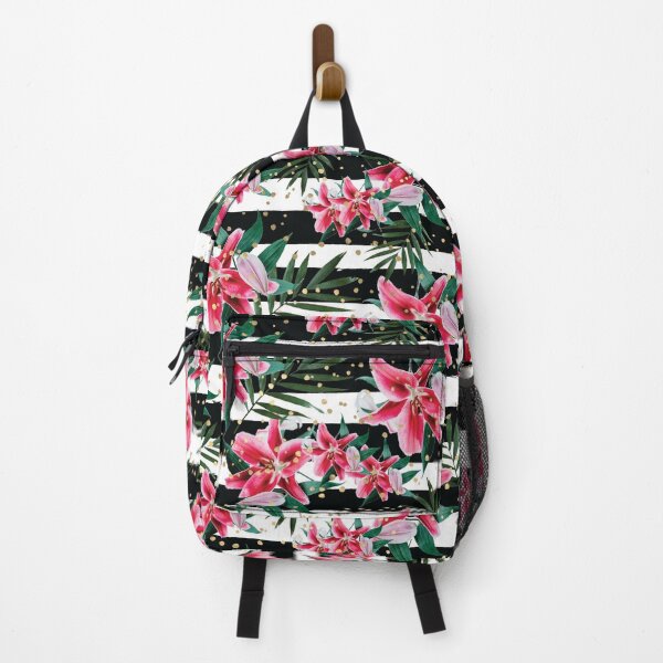 Item preview, Tropical Pink Flowers on Black and White Stripes designed and sold by aprincessinsp.