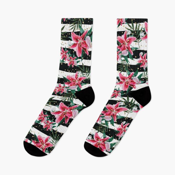 Item preview, Tropical Pink Flowers on Black and White Stripes designed and sold by aprincessinsp.