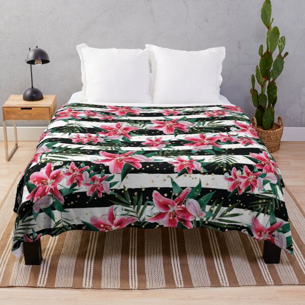 Item preview, Tropical Pink Flowers on Black and White Stripes designed and sold by aprincessinsp.