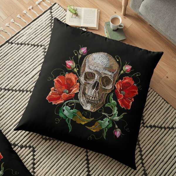 Human skull and red poppies flowers Floor Pillow