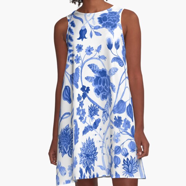 Blue Chinoiserie Blue and White Floral Blue Toile A-Line Dress