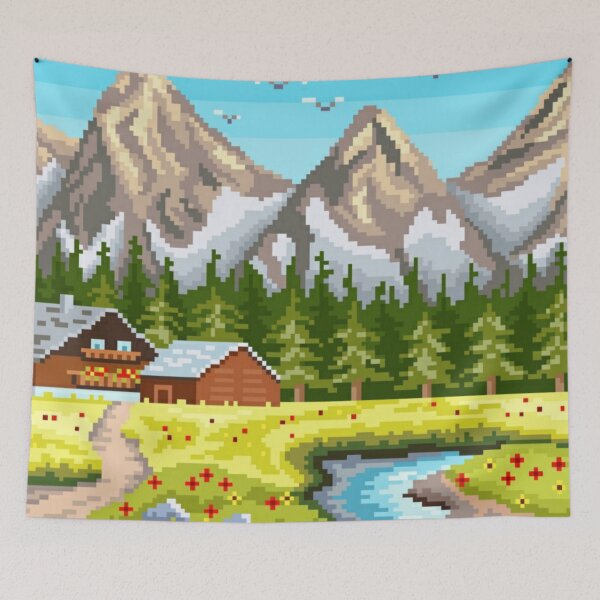 Aperçu de l'œuvre Cabane en bois pixélisée au pied des montagnes enneigées créée et vendue par HopeDetour.