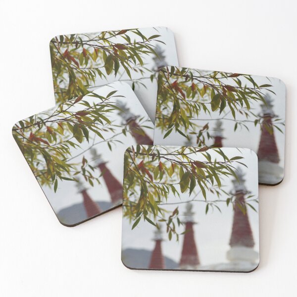 Item preview, Autumns leaves with three stupas in the background. designed and sold by EAnneH.