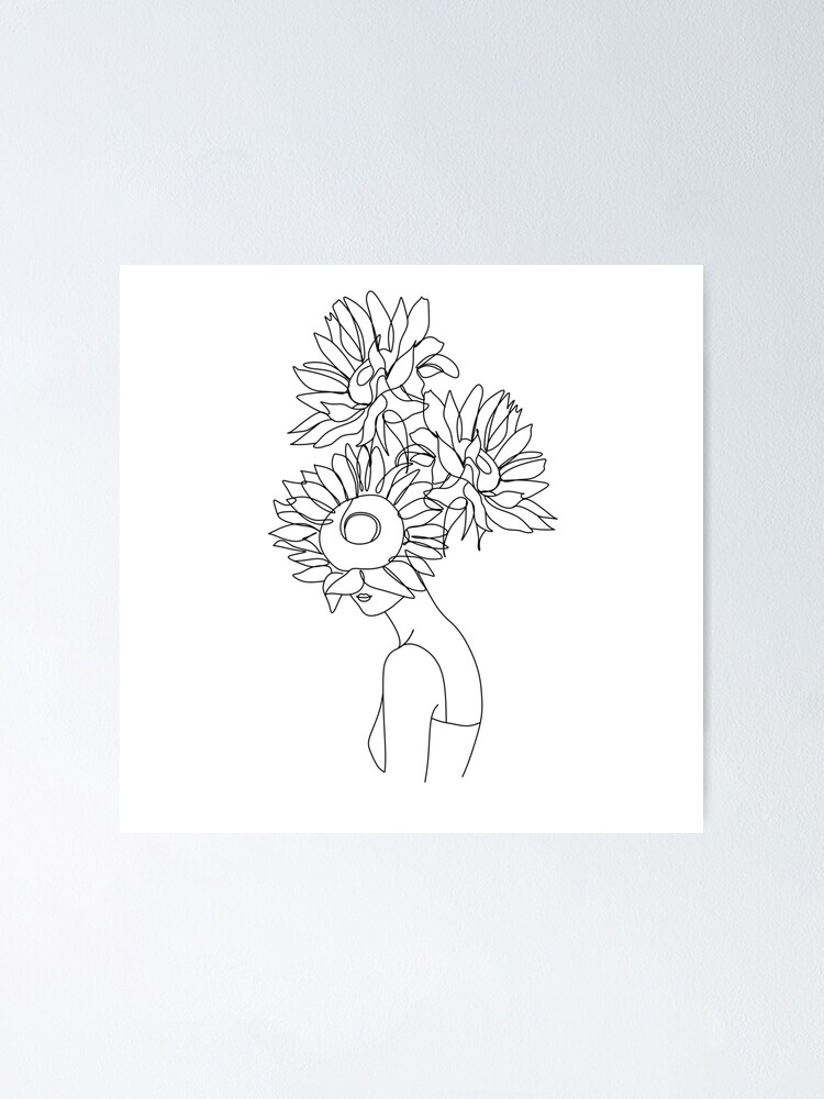 Woman with Flowers Line Art Drawing. Female Figure Minimalist