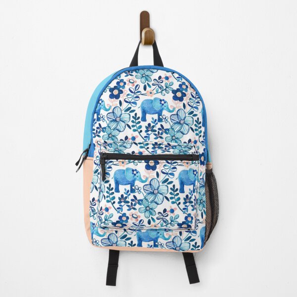 Blush Pink, White and Blue Elephant and Floral Watercolor Pattern Backpack