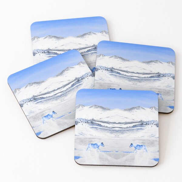 Item preview, Ponies and horses in snowy plateau roaming on frozen cracked lake monochromatic blue  designed and sold by Flavio Vieri.