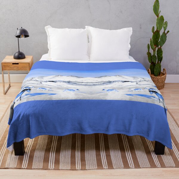 Item preview, Ponies and horses in snowy plateau roaming on frozen cracked lake monochromatic blue designed and sold by Flavio Vieri.