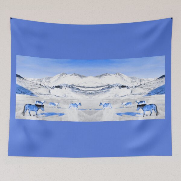 Item preview, Ponies and horses in snowy plateau roaming on frozen cracked lake monochromatic blue  designed and sold by Flavio Vieri.