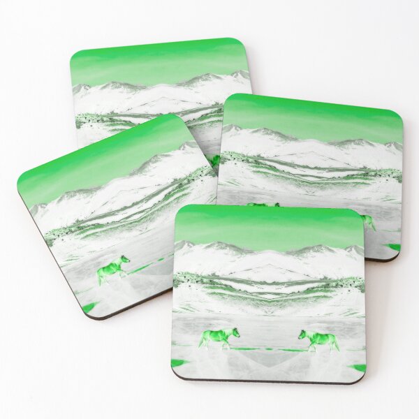 Item preview, Ponies and horses in  snowy plateau roaming on frozen cracked lake monochromatic green designed and sold by Flavio Vieri.