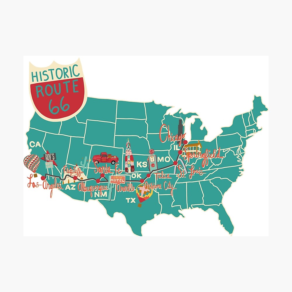 Famous Route 66 Map Historic Route 66 Map" Poster By Jenbucheli | Redbubble