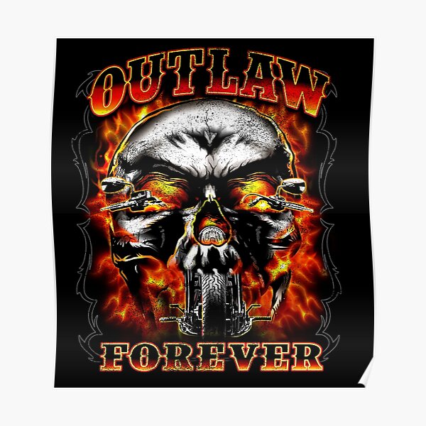 Texas Outlaw Choppers Motorcycles Cowboy Skull Cross Snake Flames Design Poster