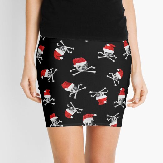 Christmas Holiday Pirate Skulls on Black Mini Skirt