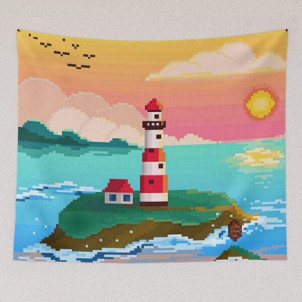 Item preview, Pixelated Lighthouse in Sunset Background designed and sold by HopeDetour.