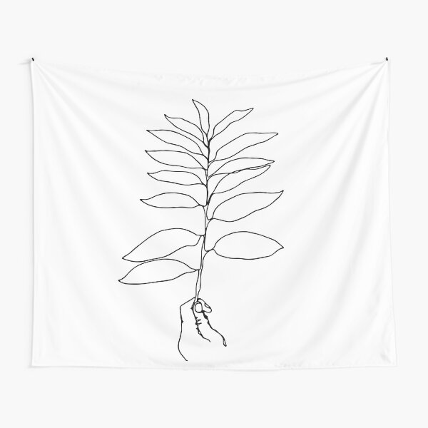 Black And White Minimalistic Line Art Hand With Leaf Tapestry
