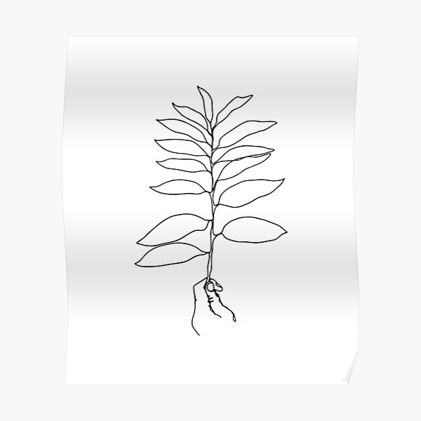 Black And White Minimalistic Line Art Hand With Leaf Poster