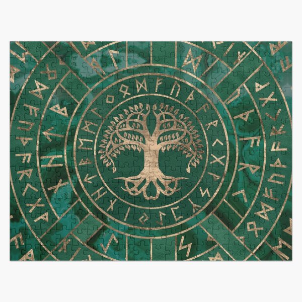 Tree of life -Yggdrasil and Futhark - Malachite Jigsaw Puzzle