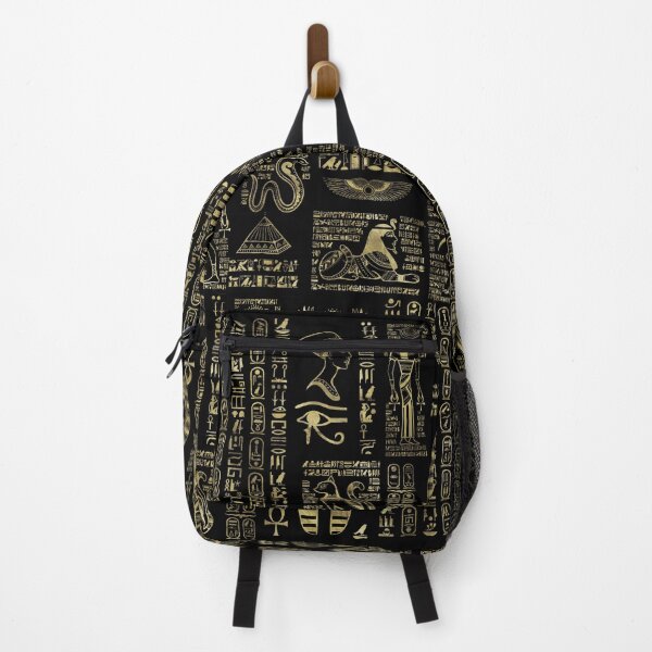 Egyptian hieroglyphs and deities gold on black Backpack