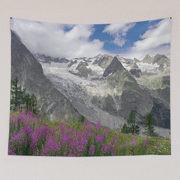 Item preview, Flowering Meadows Snowy Mountains Summer Alpine Landscape designed and sold by Anna Lemos.