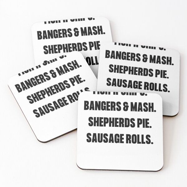 Item preview, Fish and chips, Fish'n'Chips, Bangers & Mash, Shepherds Pie, Sausage Rolls. Classic British Dinners. Grubs Up. Chef's T-shirt, British cooking, cooks designed and sold by TygurWear.