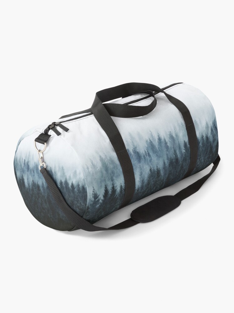 Thumbnail 1 of 3, Duffle Bag, High And Low // Dark Romantasy Moody Wilderness Dream Forest With Cascadia Trees Covered In Fog designed and sold by tekay.