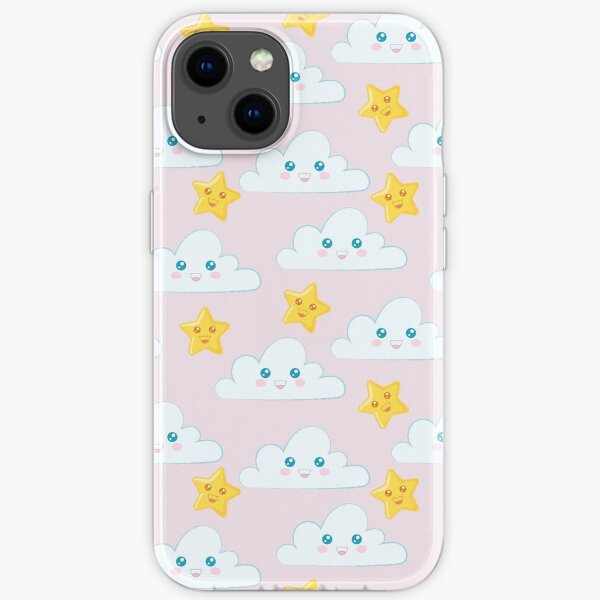 Estampado infantil nube y estrellas con fondo rosa Funda blanda para iPhone