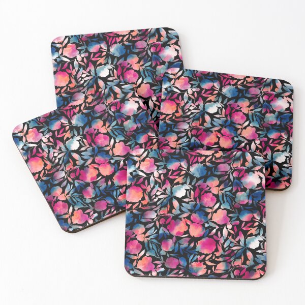 Item preview, Watercolor Floral Paper Cutout in Blue, Coral and hot pink on black designed and sold by Jacqueline Maldonado.