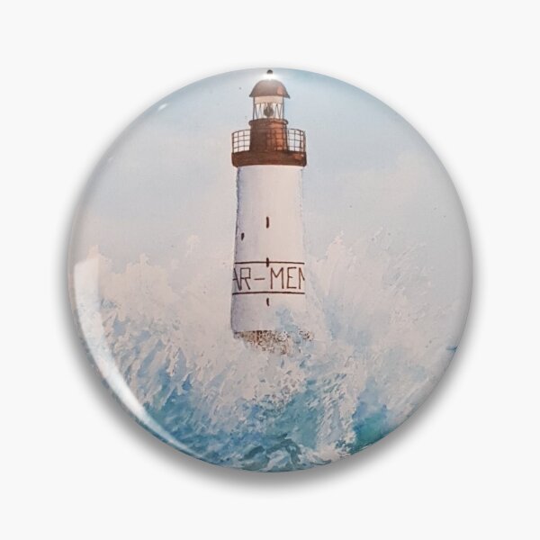 Landscape of the Ar-Men lighthouse of Brittany in France with watercolor Pin
