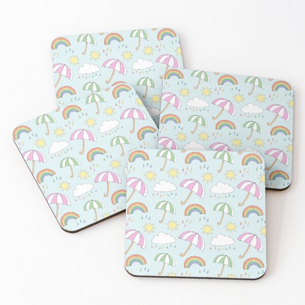 Artikelvorschau, Regenbogen und Regenschirme auf Blau entworfen und verkauft von LittleBettyMakes.