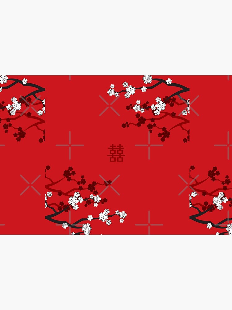 White Oriental Cherry Blossoms on Red and Chinese Wedding Double Happiness | Japanese Sakura © fatfatin by fatfatin