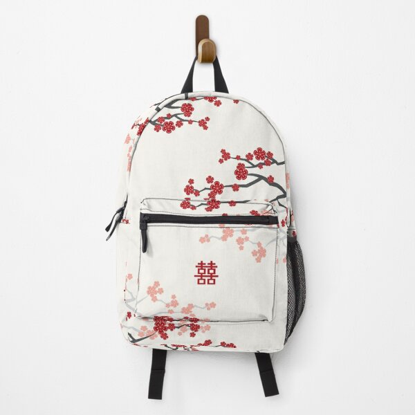 Red Oriental Cherry Blossoms on Ivory and Chinese Wedding Double Happiness | Japanese Sakura © fatfatin   Backpack