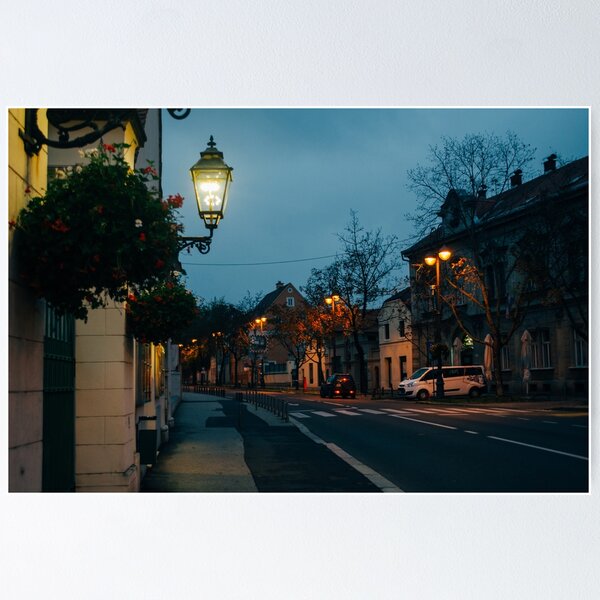 Item preview,  Croacia - Una calle vacía en la ciudad durante las primeras horas de la noche iluminada por luces incandescentes amarillas en el frío otoño. designed and sold by Carmen Jost.