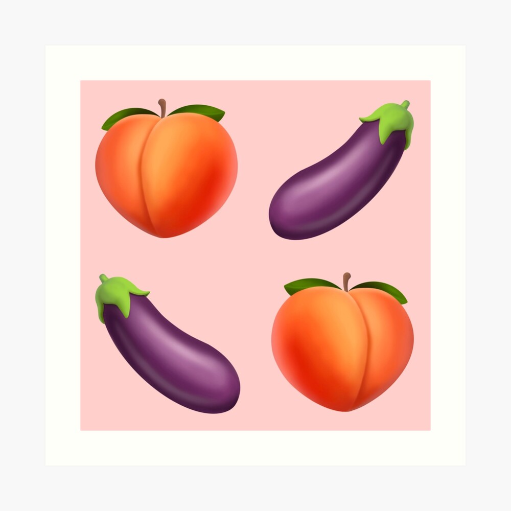 Peach and eggplant emoji 3d cartoon plastic style. Funny Valentine's day  poster. vector illustration Stock Vector