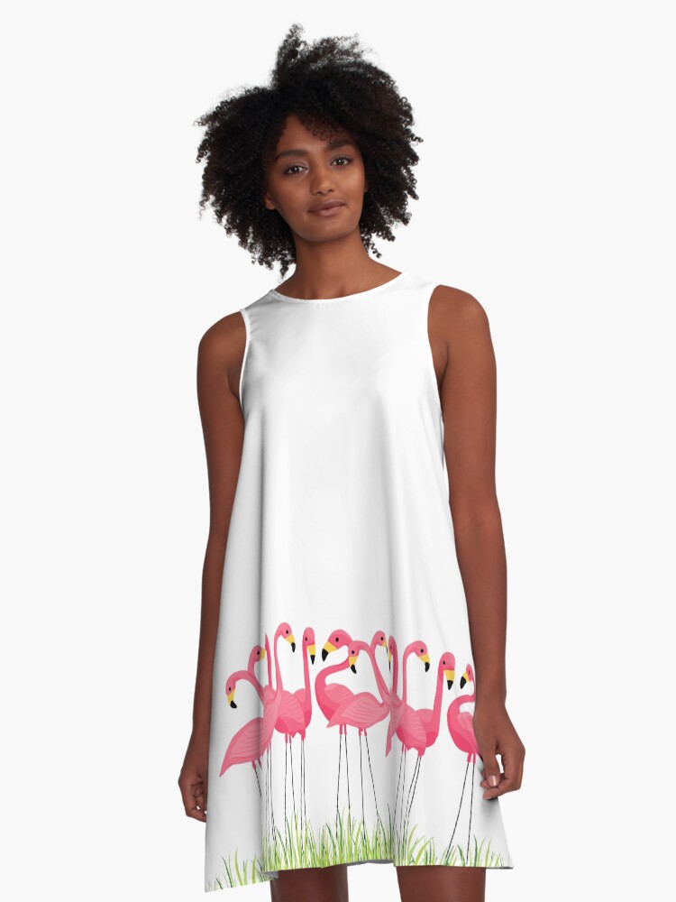 Thumbnail 1 of 4, A-Line Dress, Pink Flamingos Illustration designed and sold by junkydotcom.