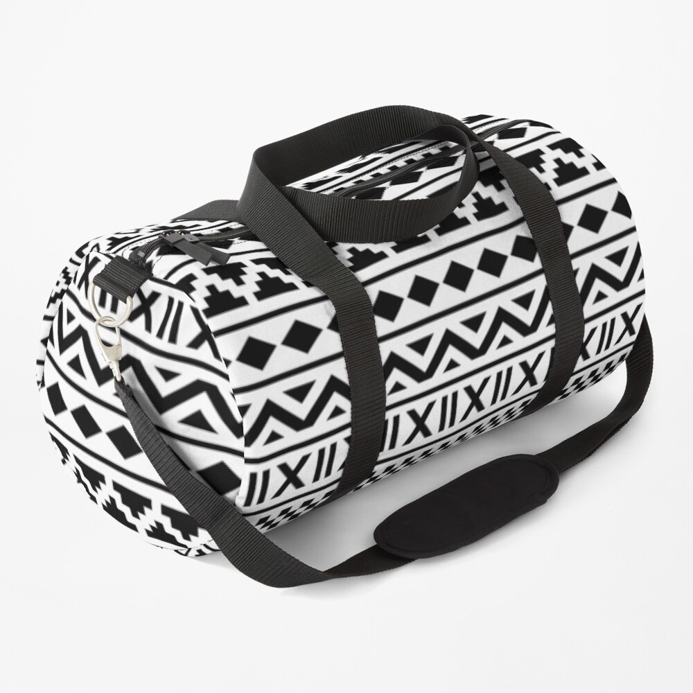 Aztec Essence Pattern Black on White Duffle Bag