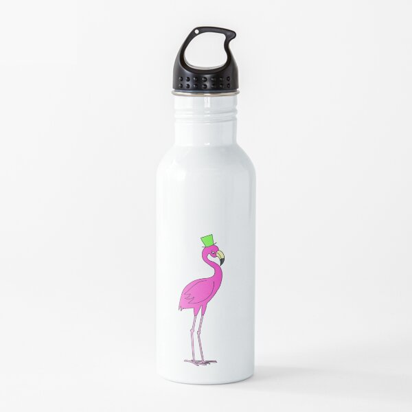 Flamingo cartoon digital image in a green top hat Water Bottle